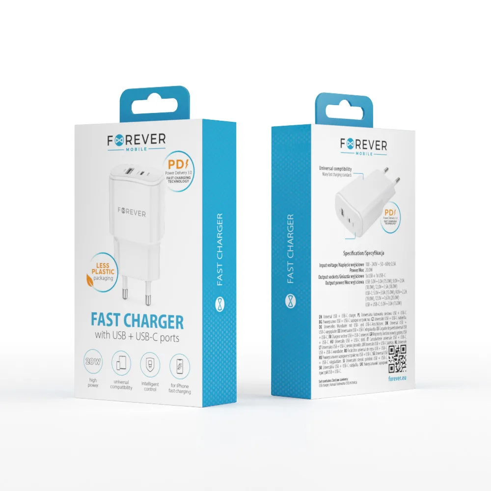 Forever TC-01-20AC PD QC charger 1x USB-C 1x USB 20W white