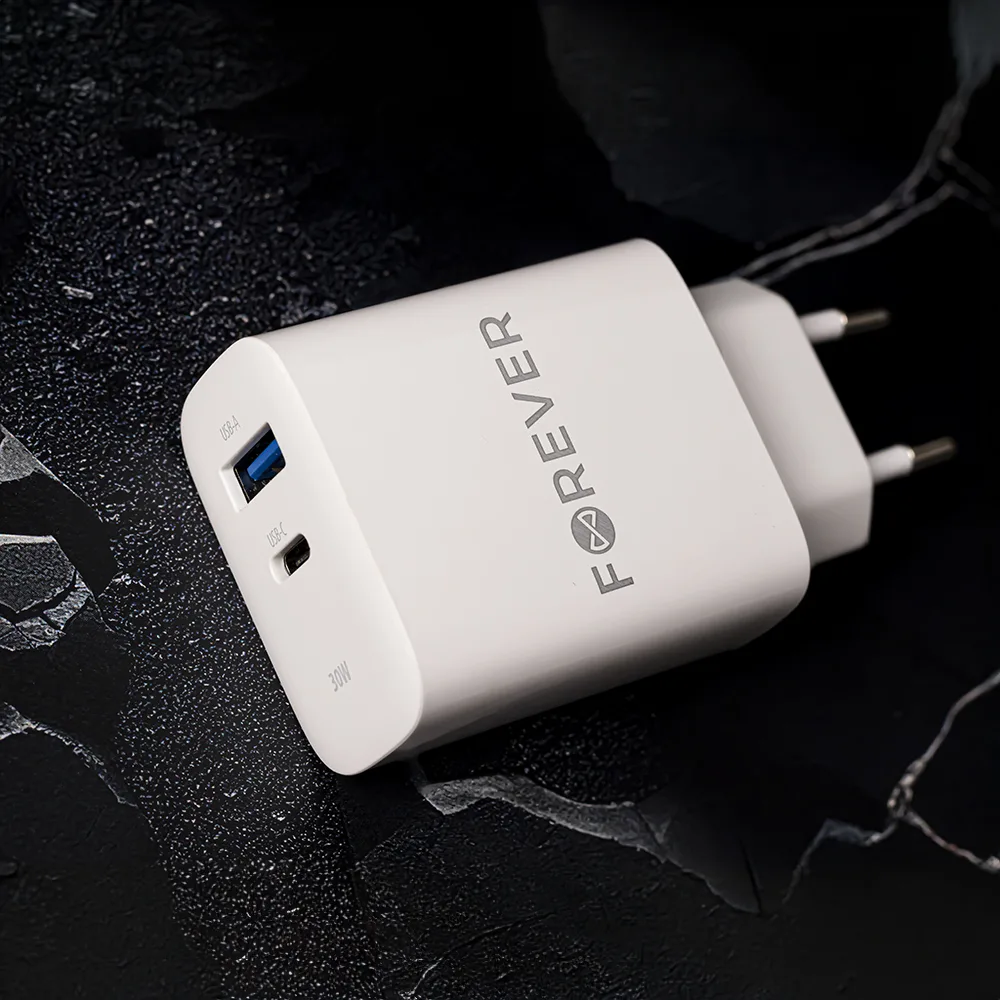 Forever TC-07-30AC PD QC charger 1x USB-C 1x USB 30W white + USB-C – USB-C cable 60W