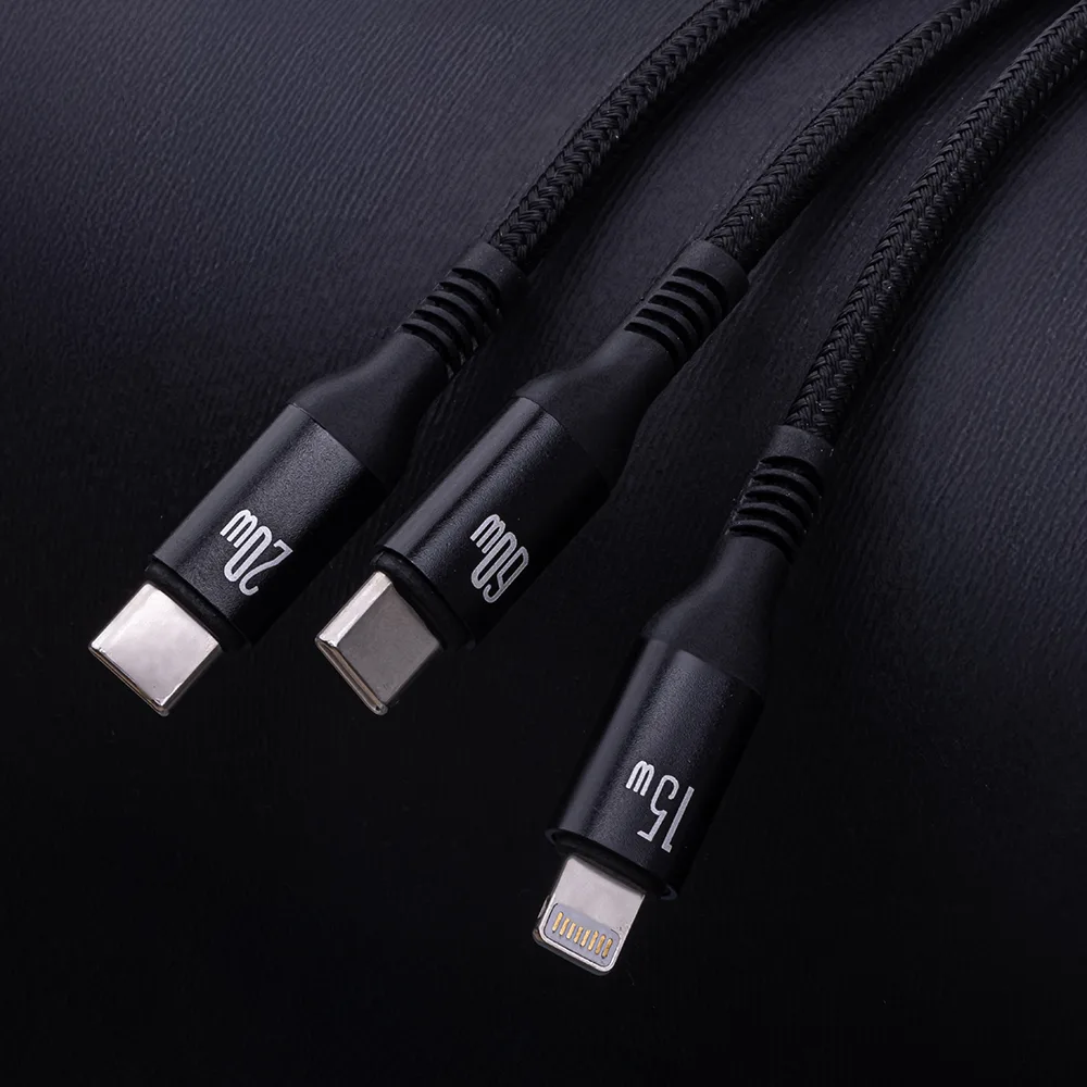 Forever 3in1-kabel USB-C – Lightning + 2x USB-C 1,2 m 60W svart