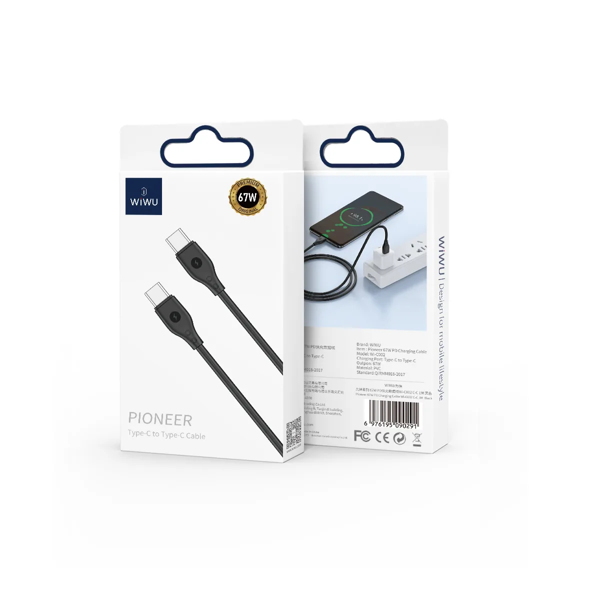 WIWU-kabel Pioneer Wi-C002 USB-C – USB-C 67W svart