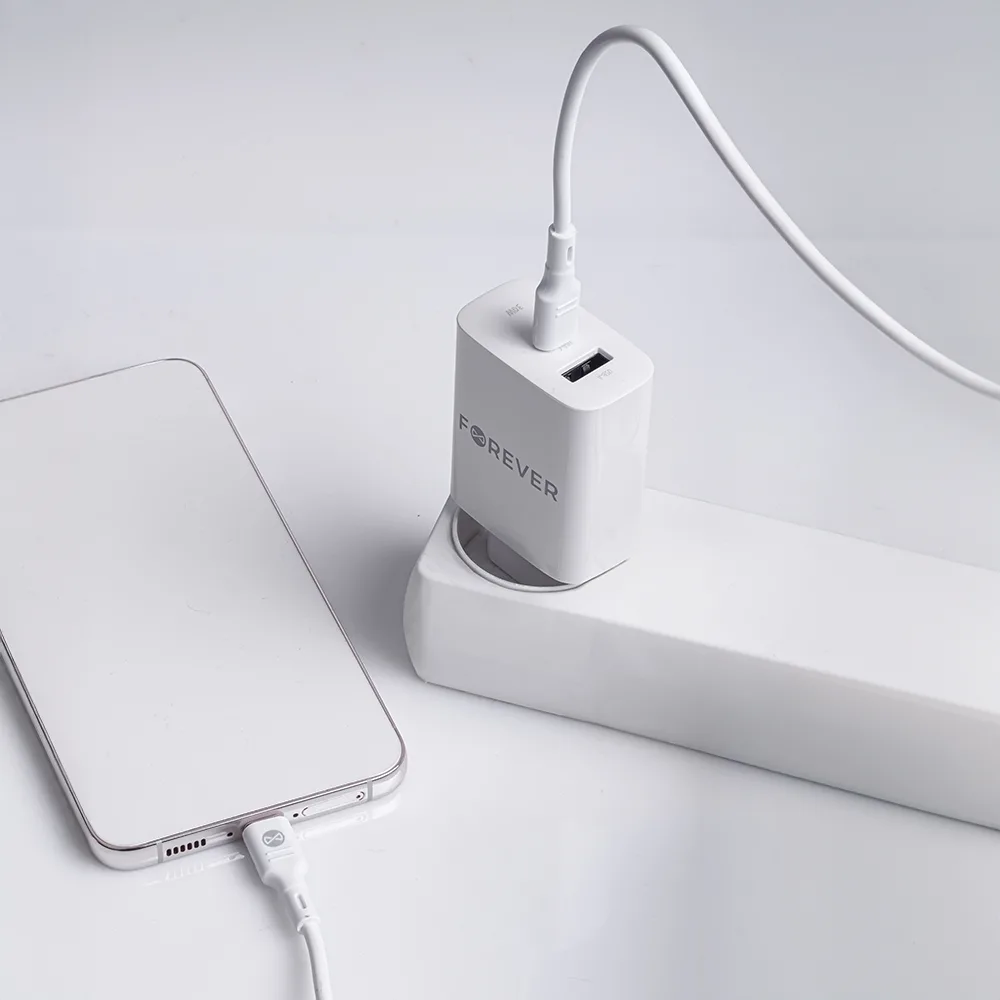 Forever TC-07-30AC PD QC charger 1x USB-C 1x USB 30W white + USB-C – USB-C cable 60W