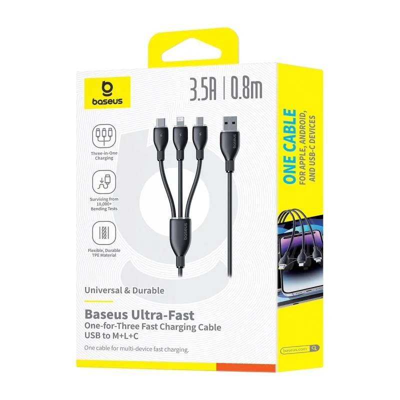 Baseus Ultra-Snabb En-för-Tre Laddningskabel USB-A till M+L+C 3,5A 0,8m Kosmisk Svart
