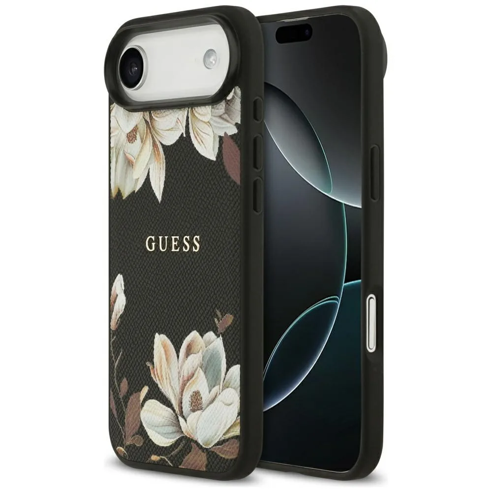 Guess Grained Flowers Classic Logo MagSafe case for iPhone Air black
