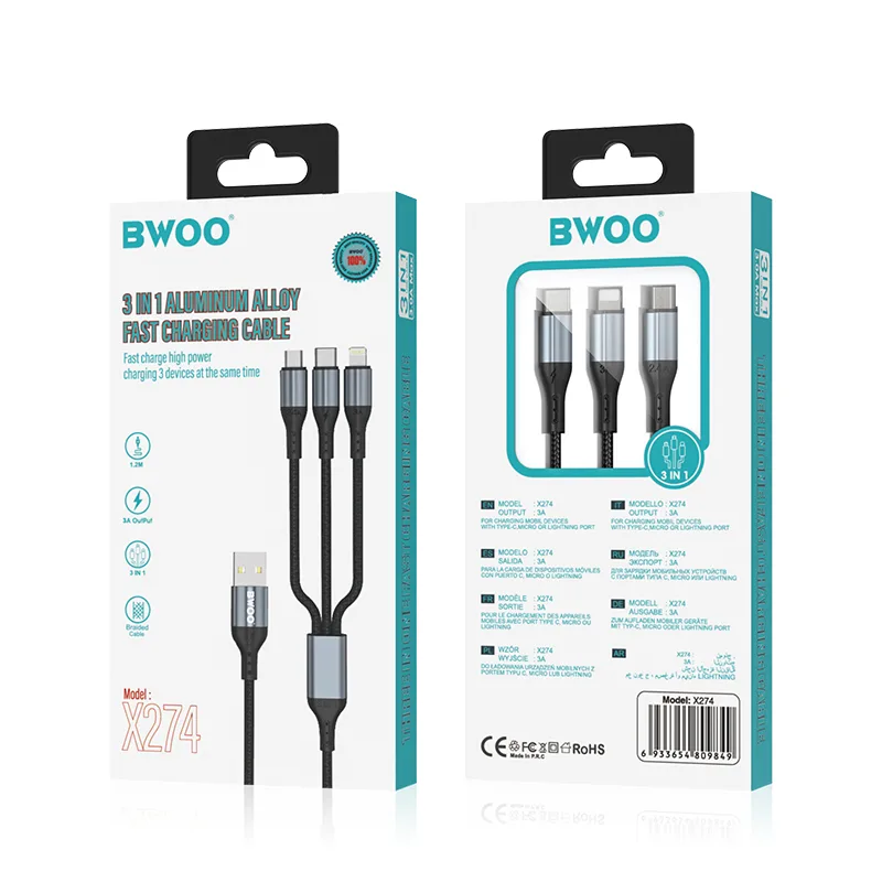 BWOO 3-i-1-kabel USB – USB-C, Lightning, Micro USB 1m 3A X274 svart
