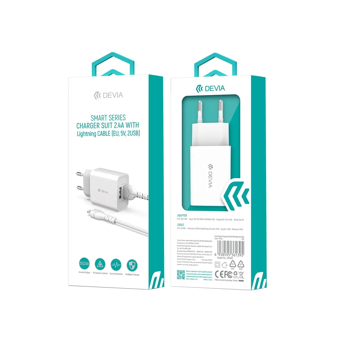 Devia wall charger Smart 2x USB 2,4A white + Lightning cable