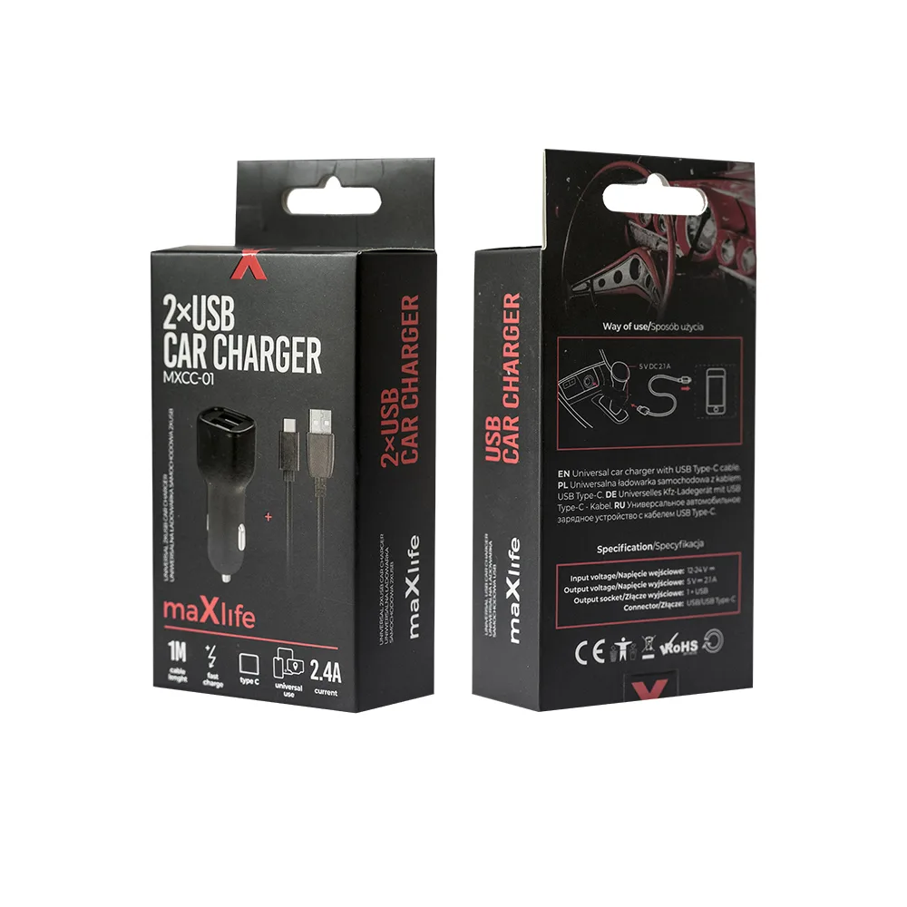 Maxlife MXCC-01 bil-laddare 2x USB 2.4A svart + USB-C-kabel