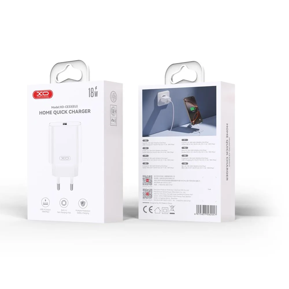 XO-väggladdare CE33 QC 18W 1x USB vit + Lightning-kabel
