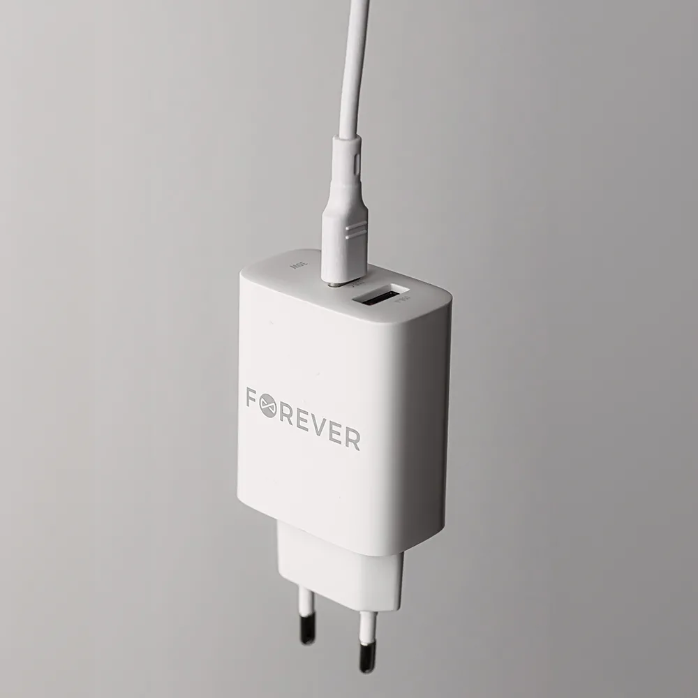 Forever TC-07-30AC PD QC charger 1x USB-C 1x USB 30W white + USB-C – USB-C cable 60W