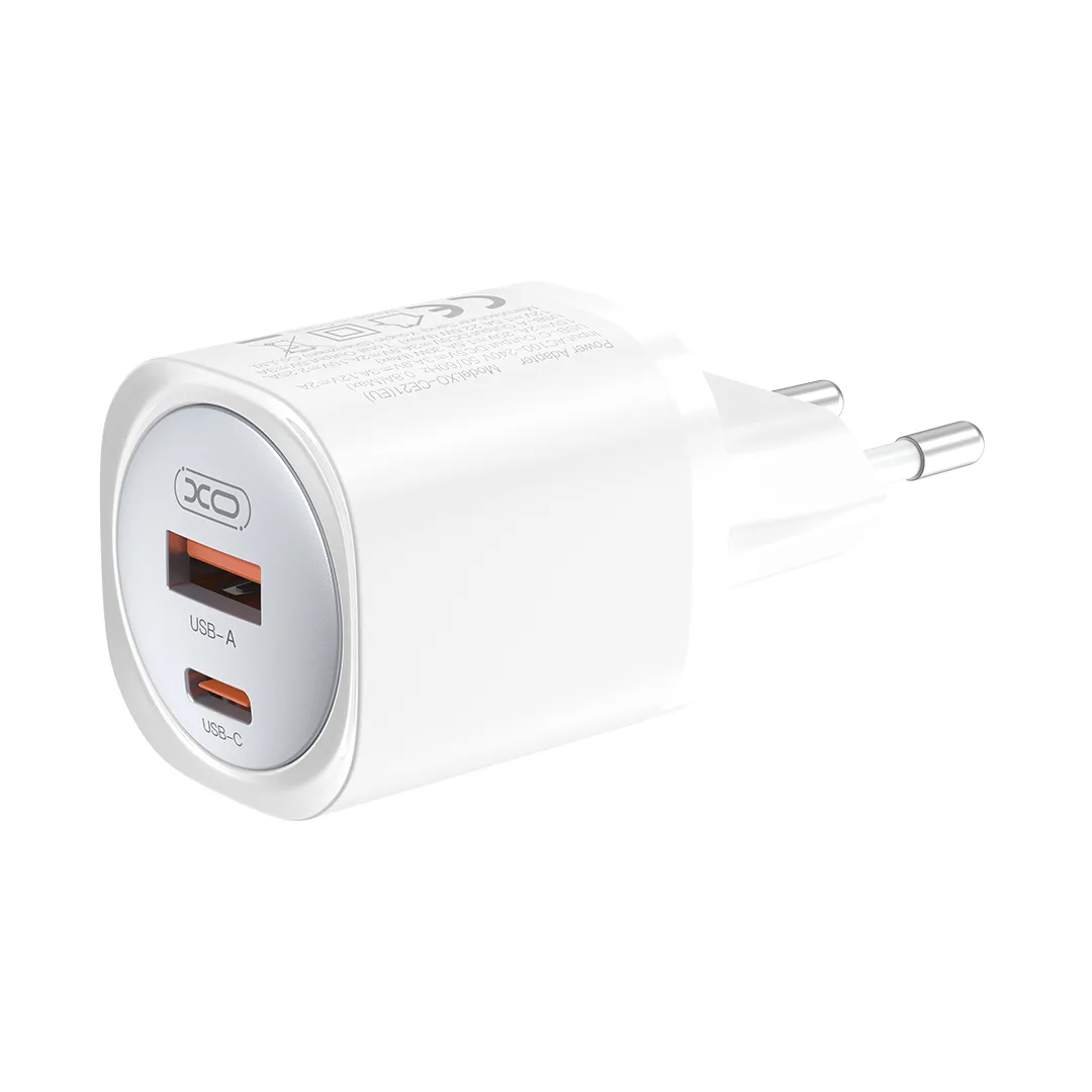XO wall charger CE21 PD 30W 1x USB-C 1x USB white + cable USB-C – USB-C