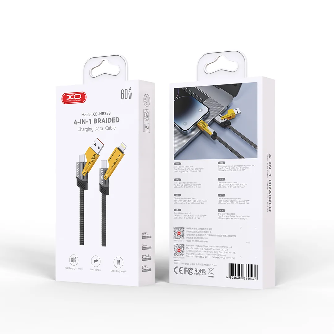 XO cabel NB283 4w1 USB-C – Lightning + USB – USB-C 60W 1,0m szary