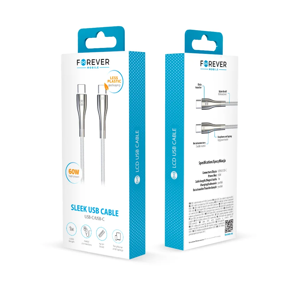 Forever Sleek cable USB-C – USB-C 1,0 m 60W white