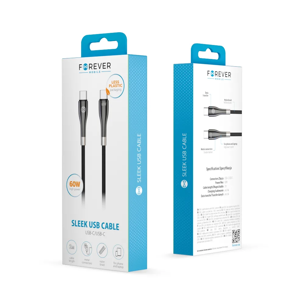 Forever Sleek cable USB-C – USB-C 2,0 m 60W black