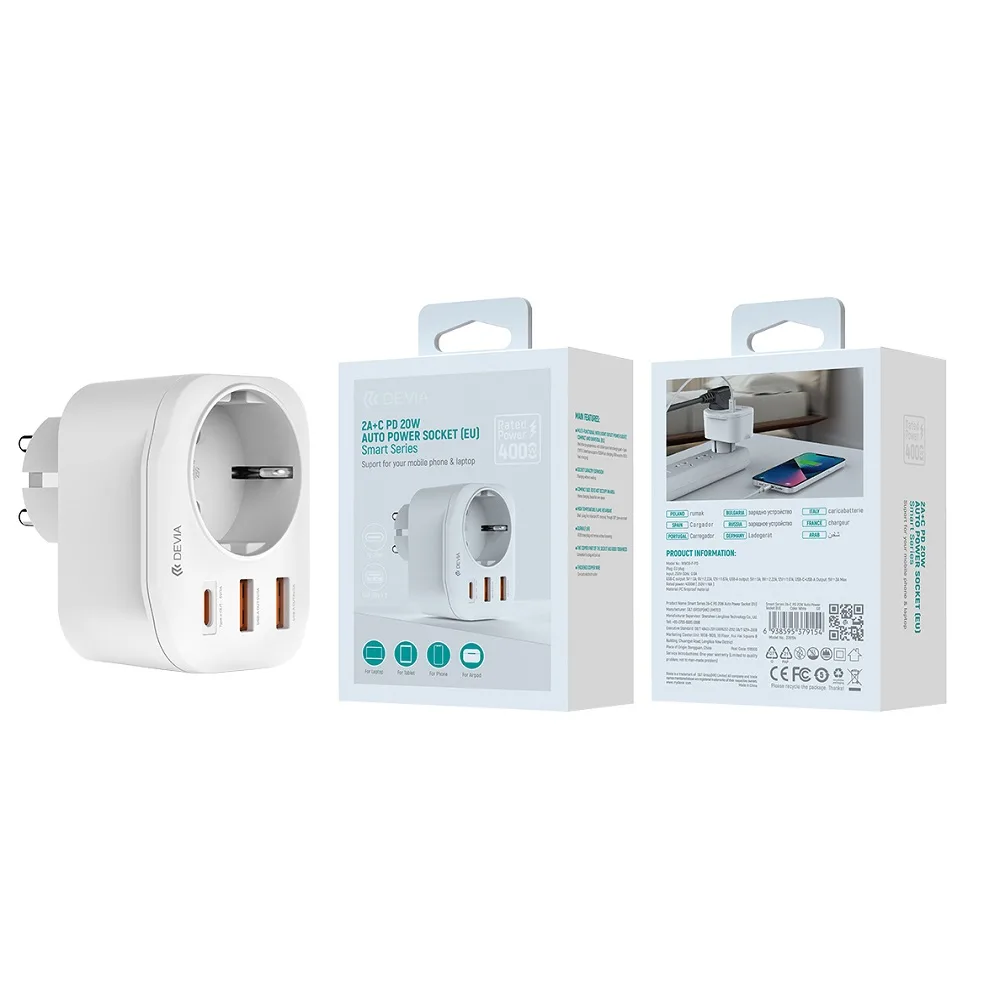Devia strömuttag PD-laddare 20W 1x USB-C 2x USB 3A vit