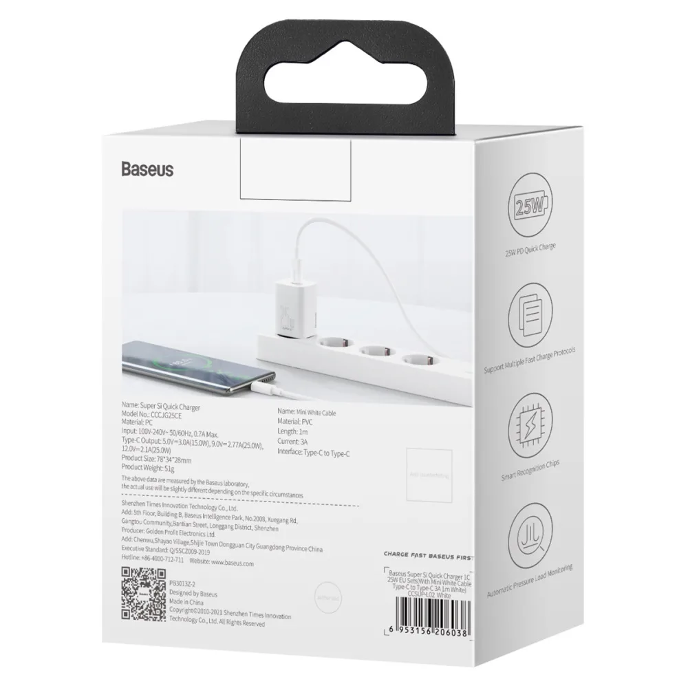 Baseus väggladdare Super Si PD 25W 1x USB-C vit + USB-C – USB-C-kabel