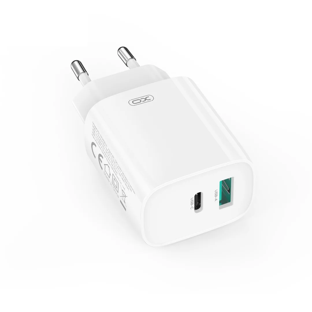 XO wall charger CE29 PD 20W 1x USB-C 1x USB white + cable USB-C – USB-C