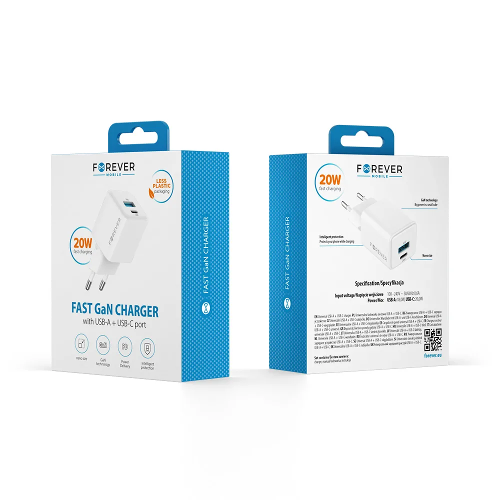 Forever TC-08-20AC GaN PD QC charger 1x USB-C 1x USB 20W white