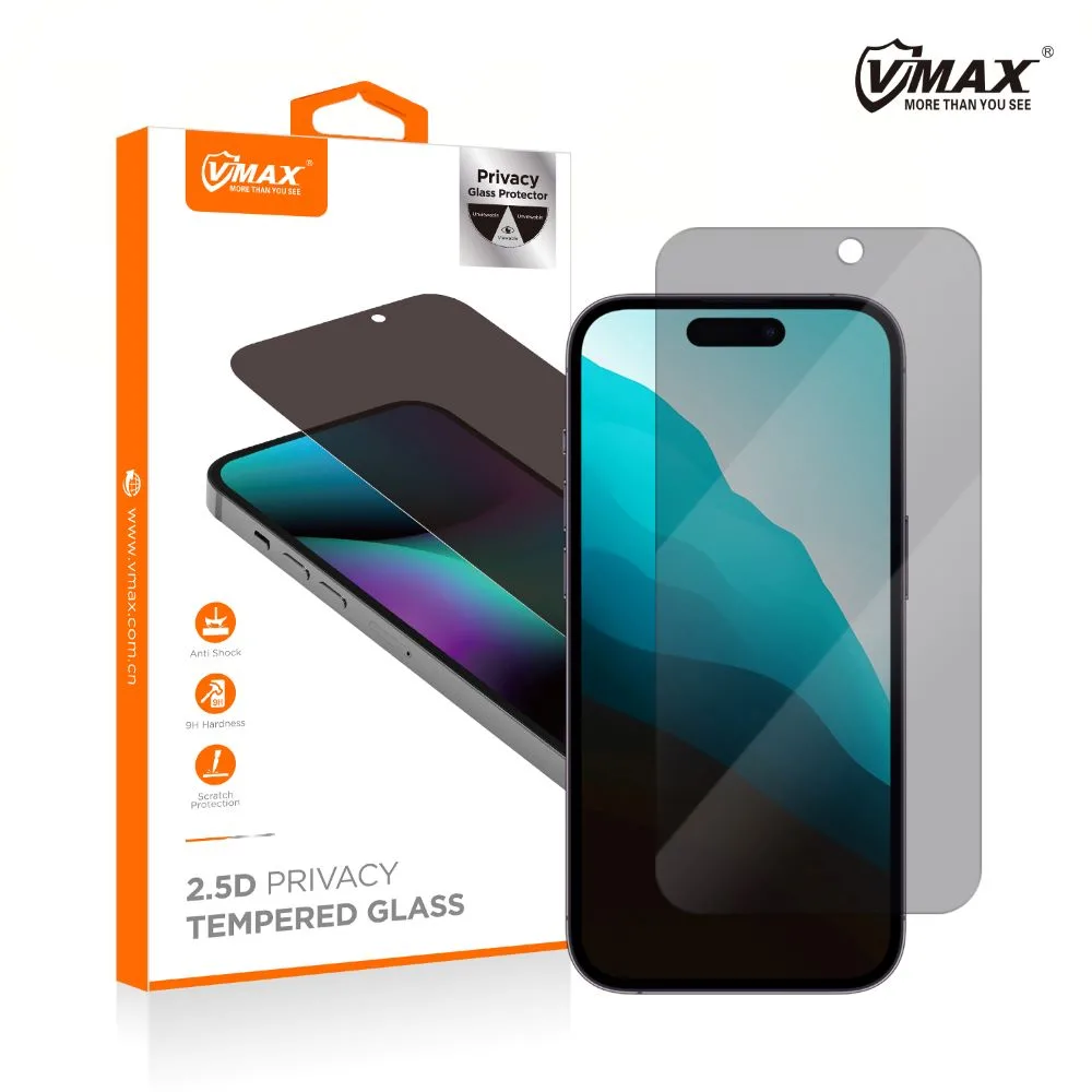 Vmax härdat glas 0,33 mm 2,5D högklar privathetsglas för iPhone 16 Plus 6,7″