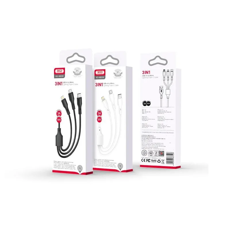 XO-kabel NB230 3w1 USB – Lightning + USB-C + microUSB 1,0 m 2,4 A svart