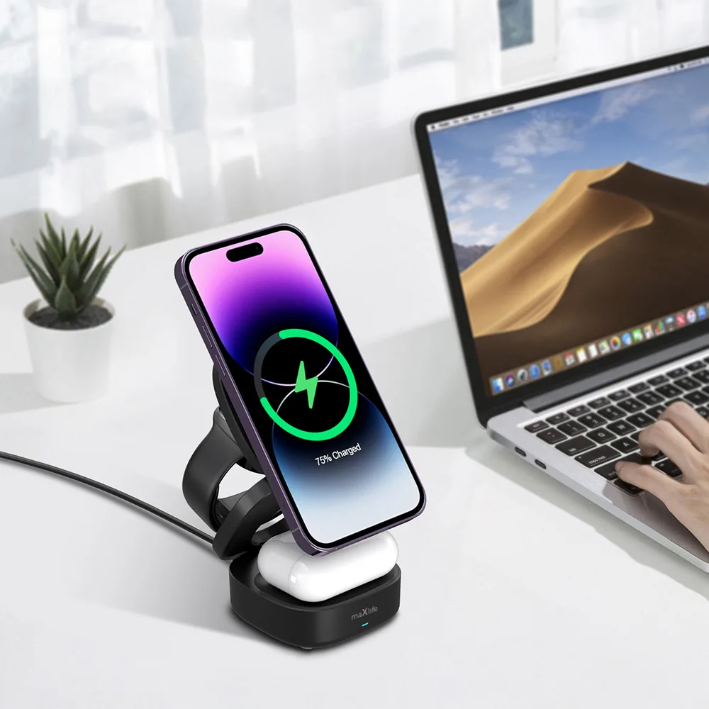 Maxlife MXWC-06 magnetisk trådlös laddare 15W svart 3-i-1