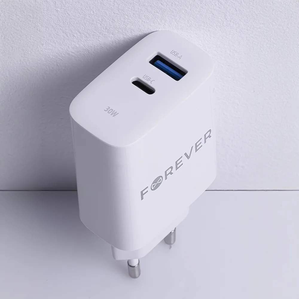 Forever TC-07-30AC PD QC charger 1x USB-C 1x USB 30W white + USB-C – USB-C cable 60W