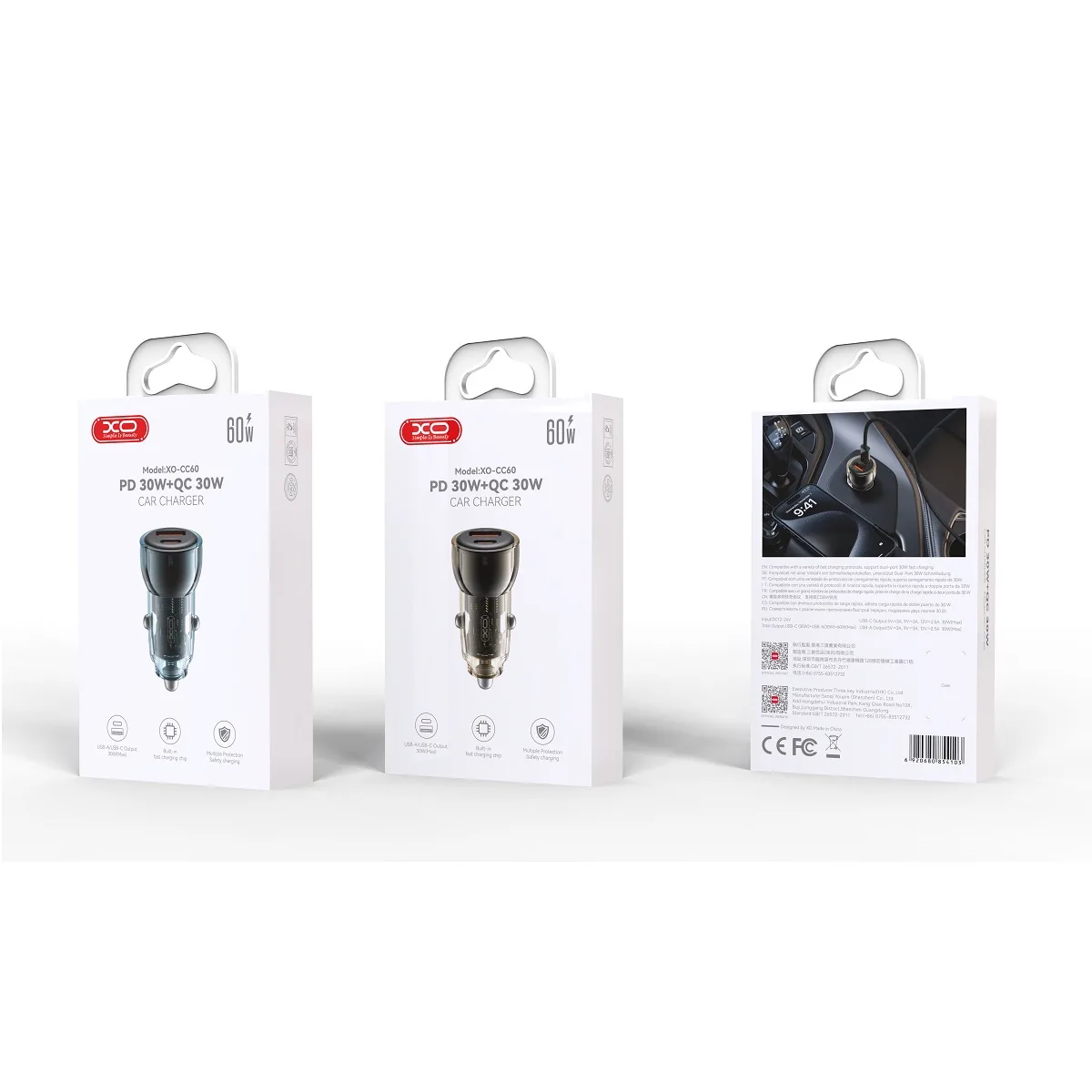 XO bil-laddare CC60 60W 1x USB 1x USB-C blå