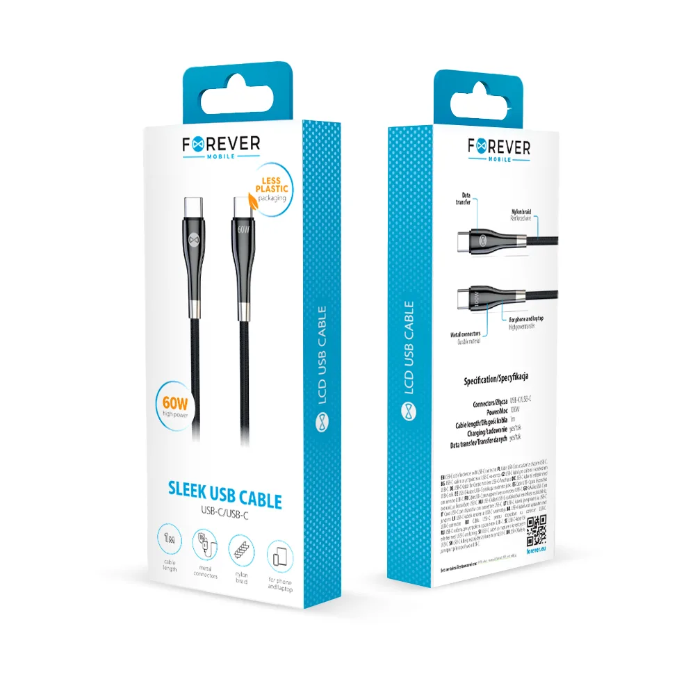 Forever Sleek cable USB-C – USB-C 1,0 m 60W black