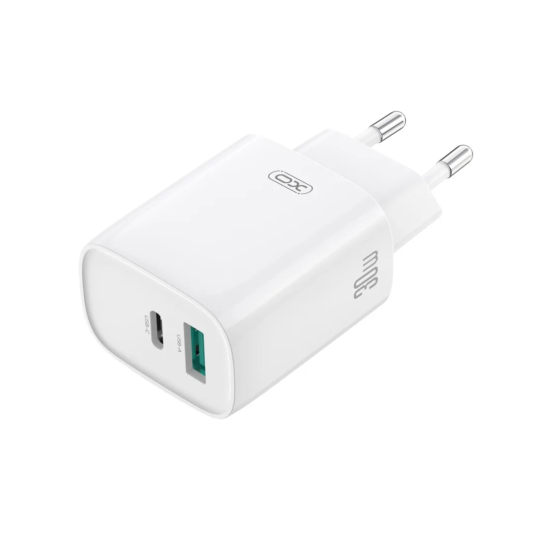 XO wall charger CE30 PD 30W 1x USB-C 1x USB white + cable USB-C – USB-C