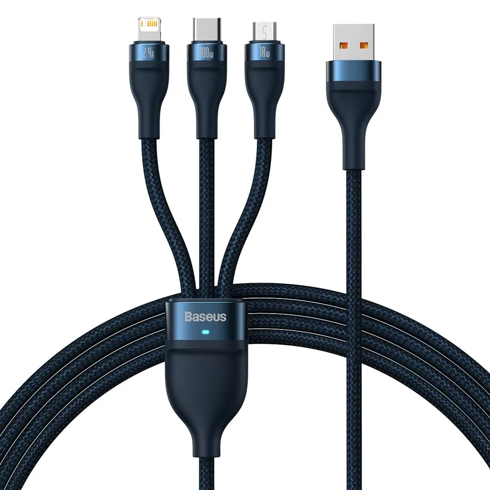 Baseus sladd 3in1 Flash II USB – micro USB + Lightning + USB-C 1,2 m 3,5A blå 66W
