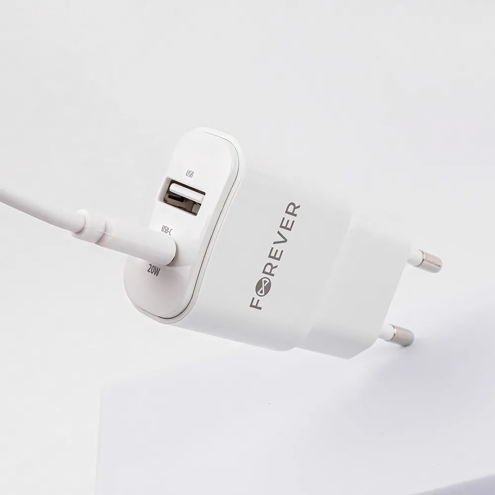 För alltid TC-01-20AC PD QC-laddare 1x USB-C 1x USB 20W vit + USB-C – Lightning-kabel 20W