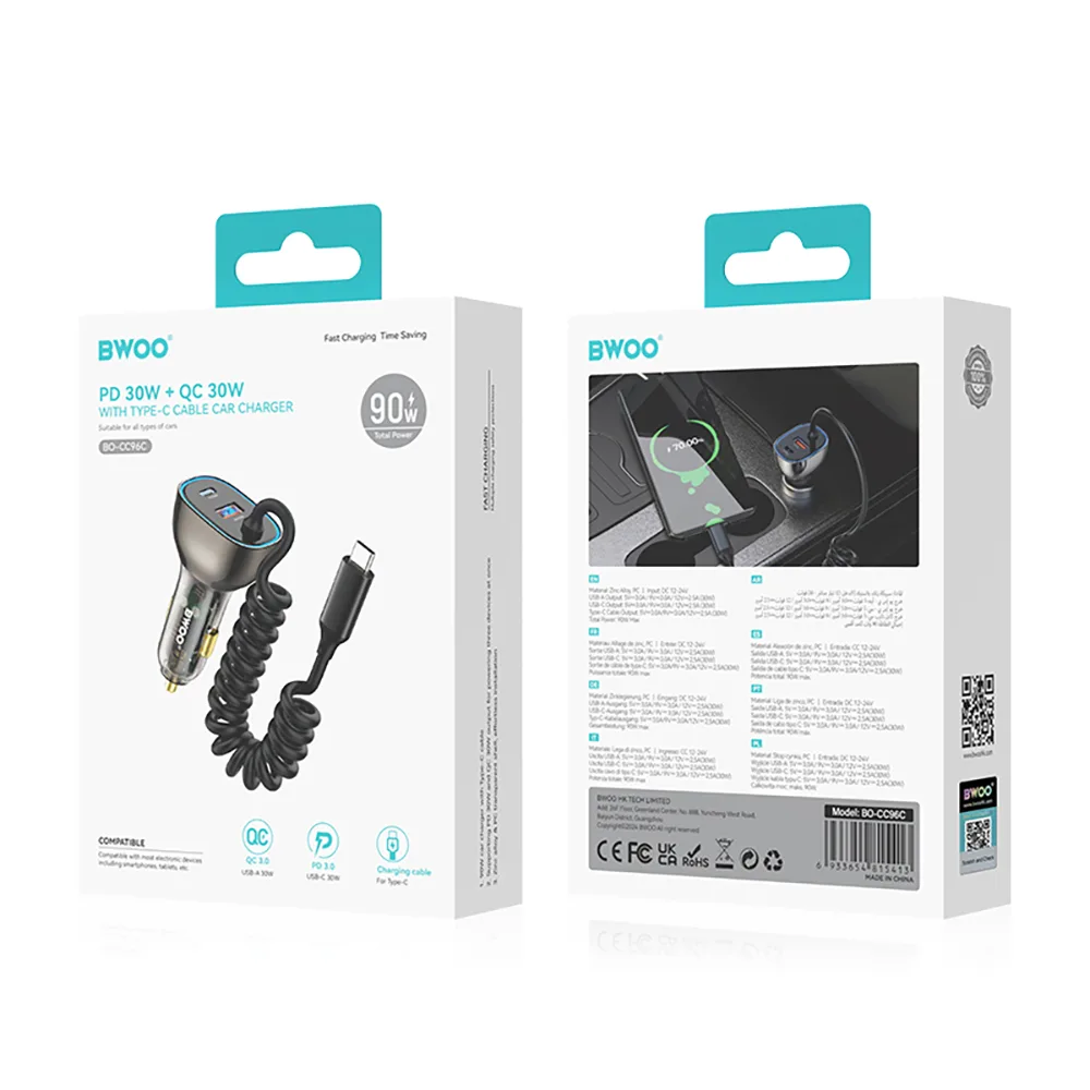 BWOO CC96C 30W PD car charger 1x USB-C 1x USB port with USB-C cable gray