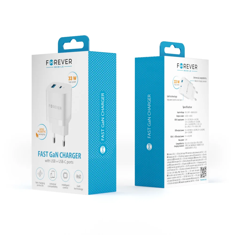 För evigt TC-05-33AC GaN PD QC-laddare 1x USB-C 1x USB 33W vit