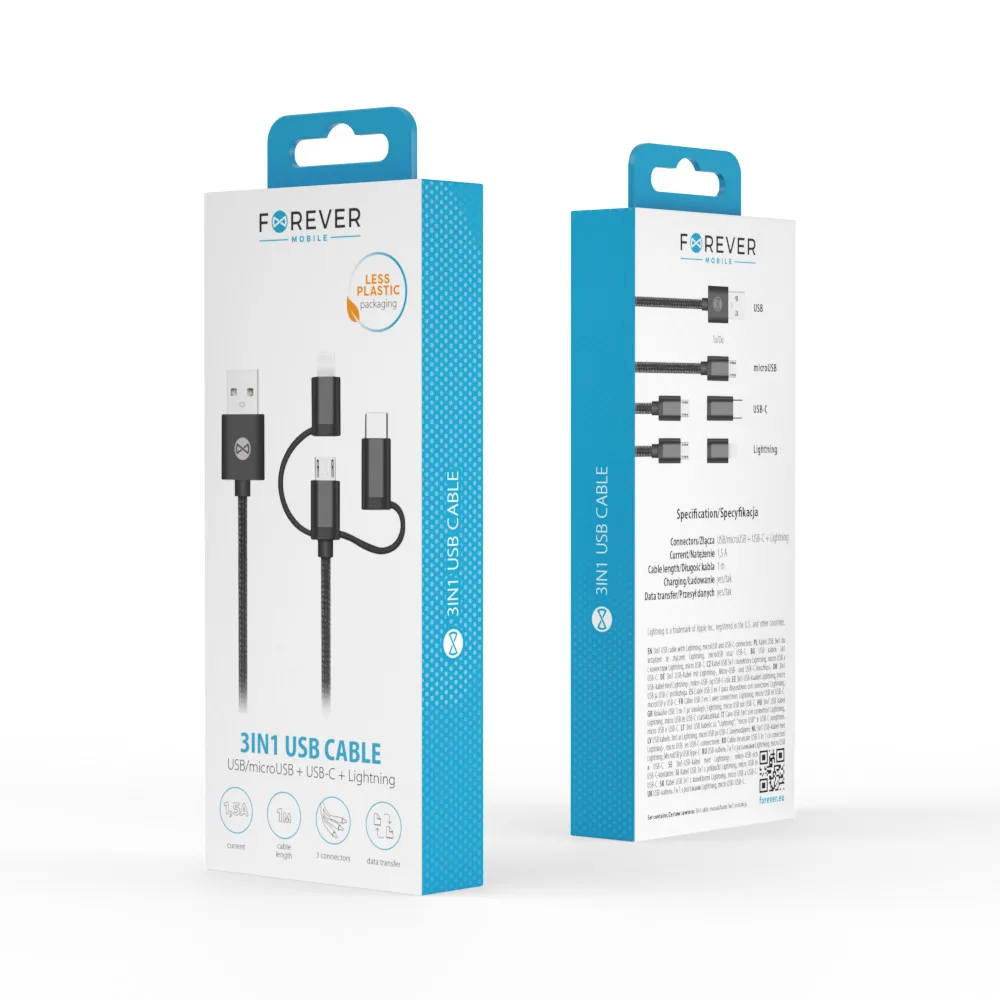 För alltid 3in1-kabel USB – Lightning + USB-C + microUSB 1,0 m 1,5A svart
