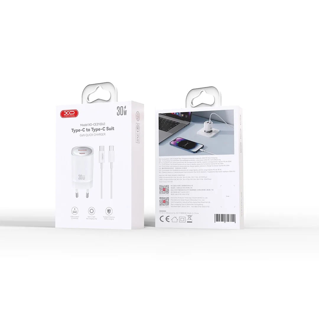 XO wall charger CE21 PD 30W 1x USB-C 1x USB white + cable USB-C – USB-C