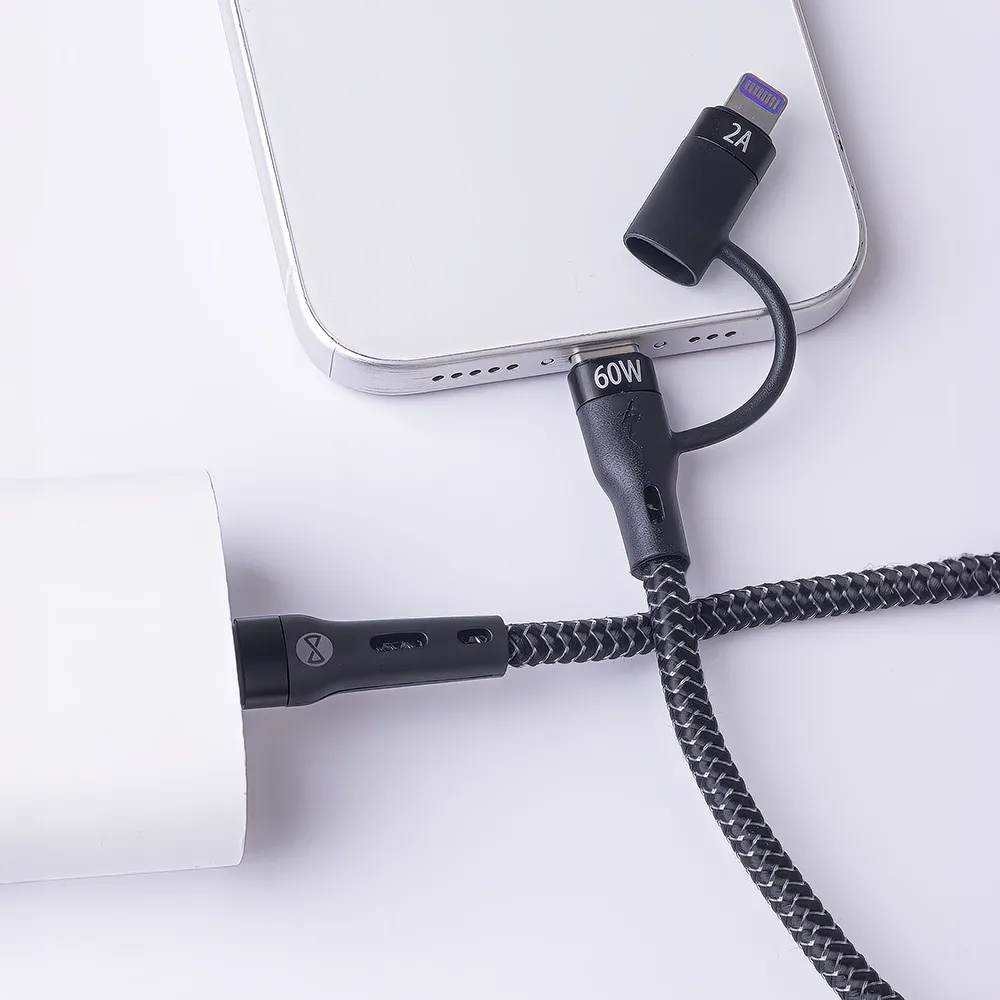 Forever 2in1-kabel USB-C – Lightning + USB-C 1,0 m 60W svart