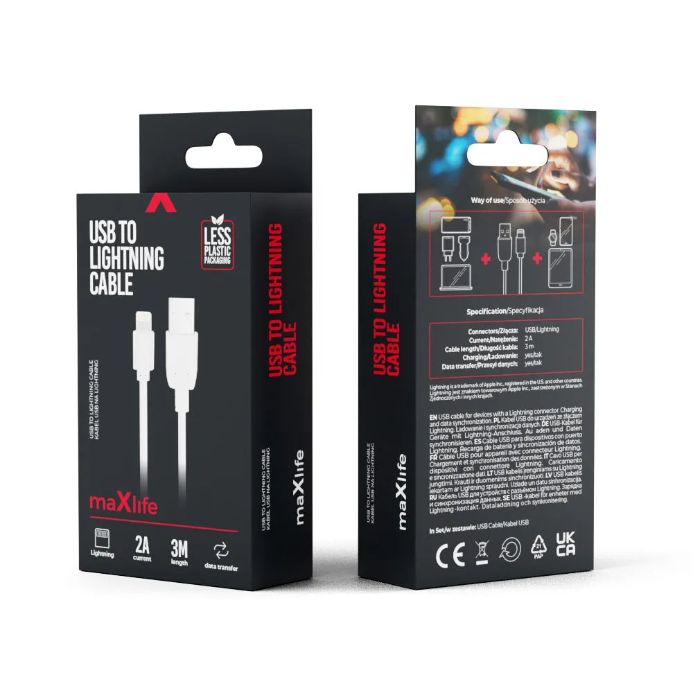 Maxlife cable USB – Lightning 3,0 m 2A white