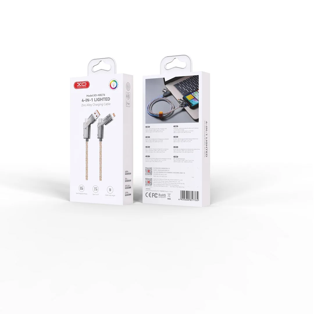 XO kabel NB276 4-i-1 USB-C – Lightning + USB – USB-C 60W 1,0m grå