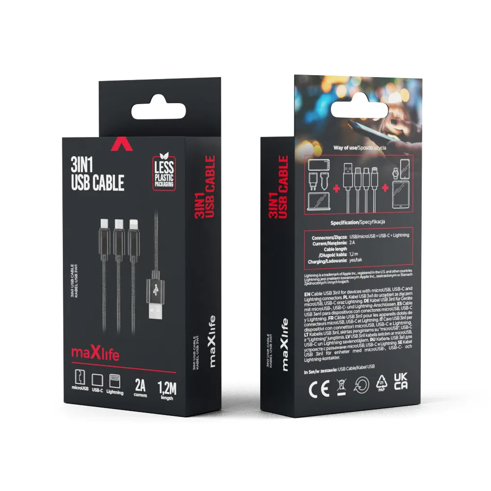 Maxlife 3in1 cable USB – Lightning + USB-C + microUSB 1,0 m 2,1A black nylon