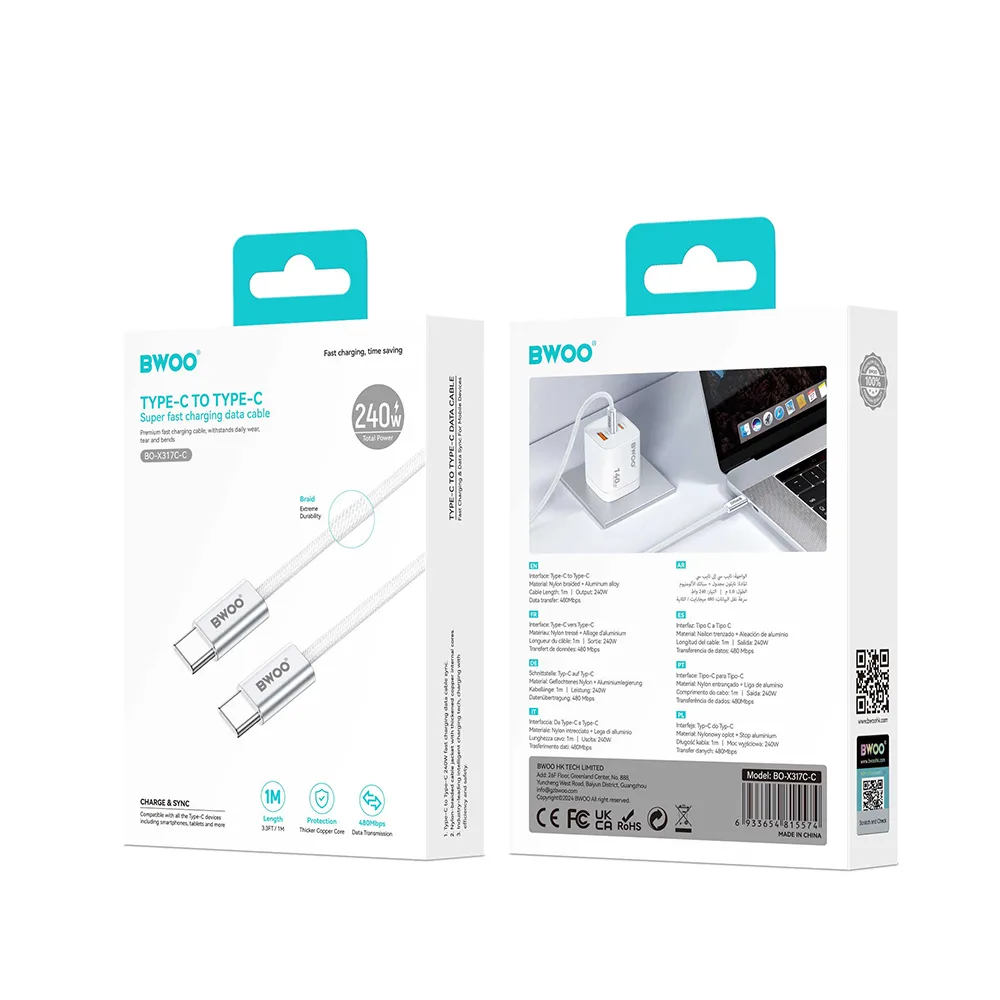 BWOO 240W braided cable USB-C – USB-C BO-X317C-C 1m white