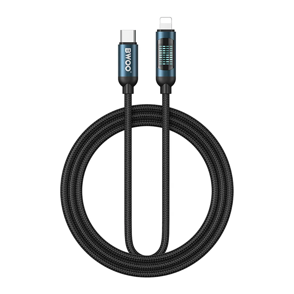 BWOO Flettad Kabel USB-C – Lightning 1m 27W med animerad belysning svart