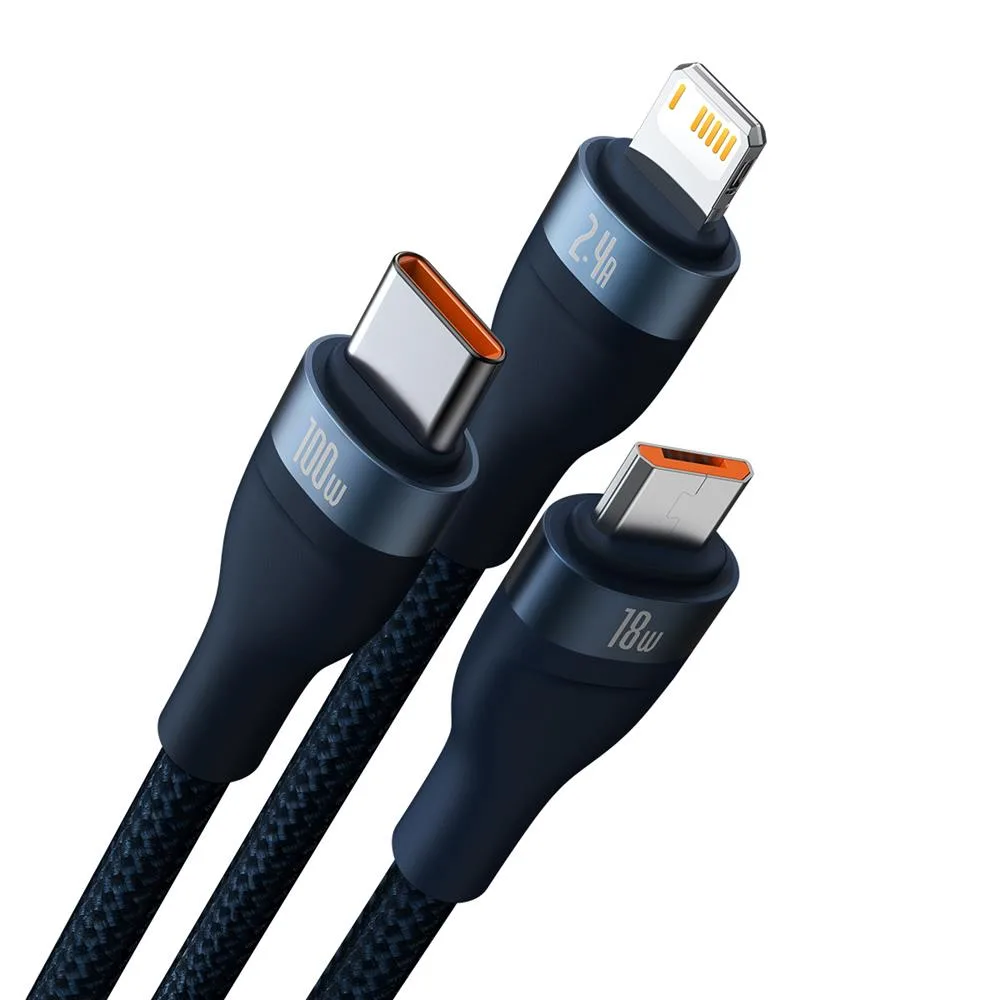 Baseus sladd 3in1 Flash II USB – micro USB + Lightning + USB-C 1,2 m 3,5A blå 66W