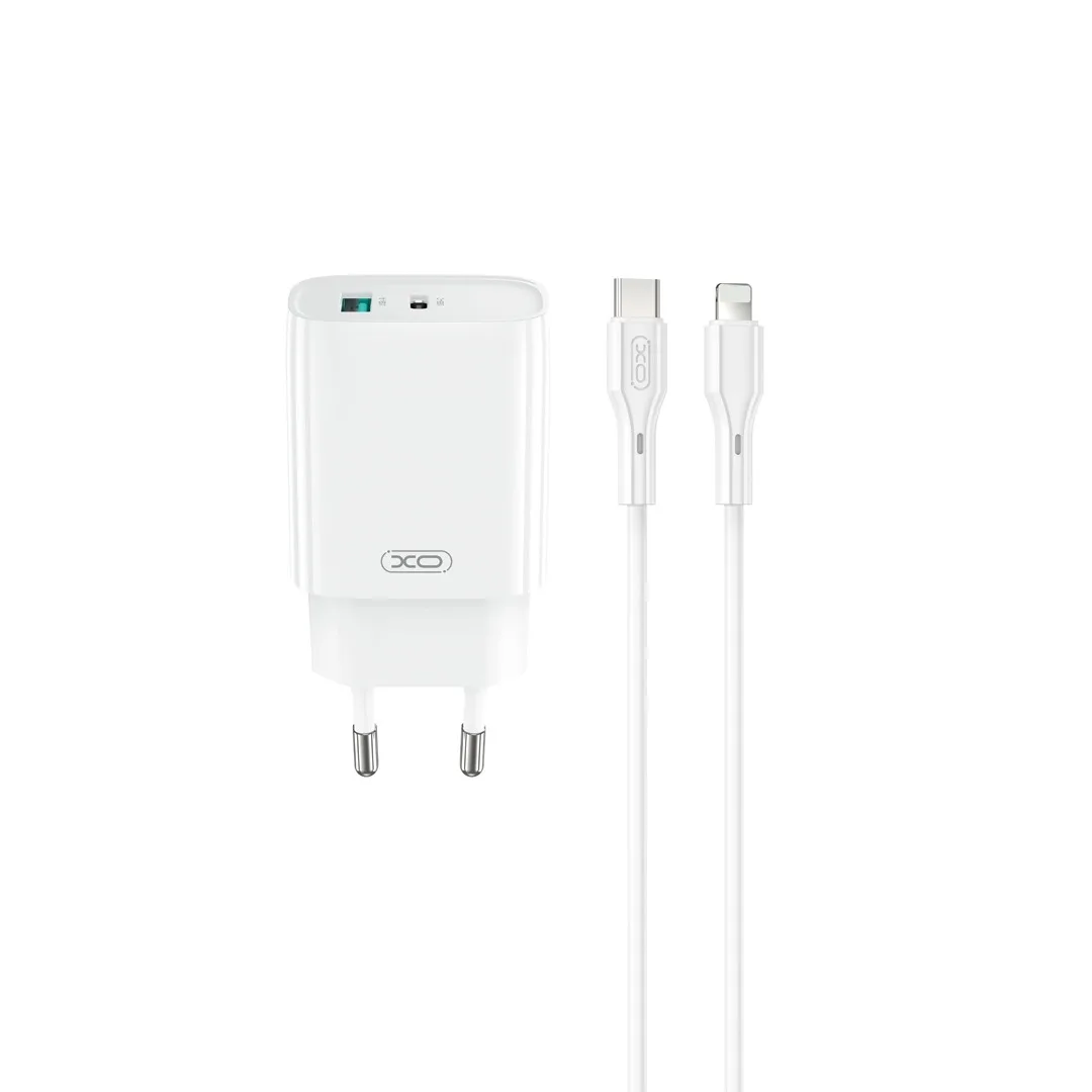 XO wall charger CE29 PD 20W 1x USB-C 1x USB white + cable USB-C - Lightning