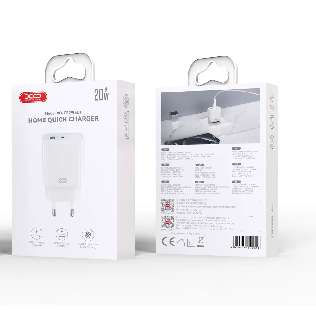 XO wall charger CE29 PD 20W 1x USB-C 1x USB white