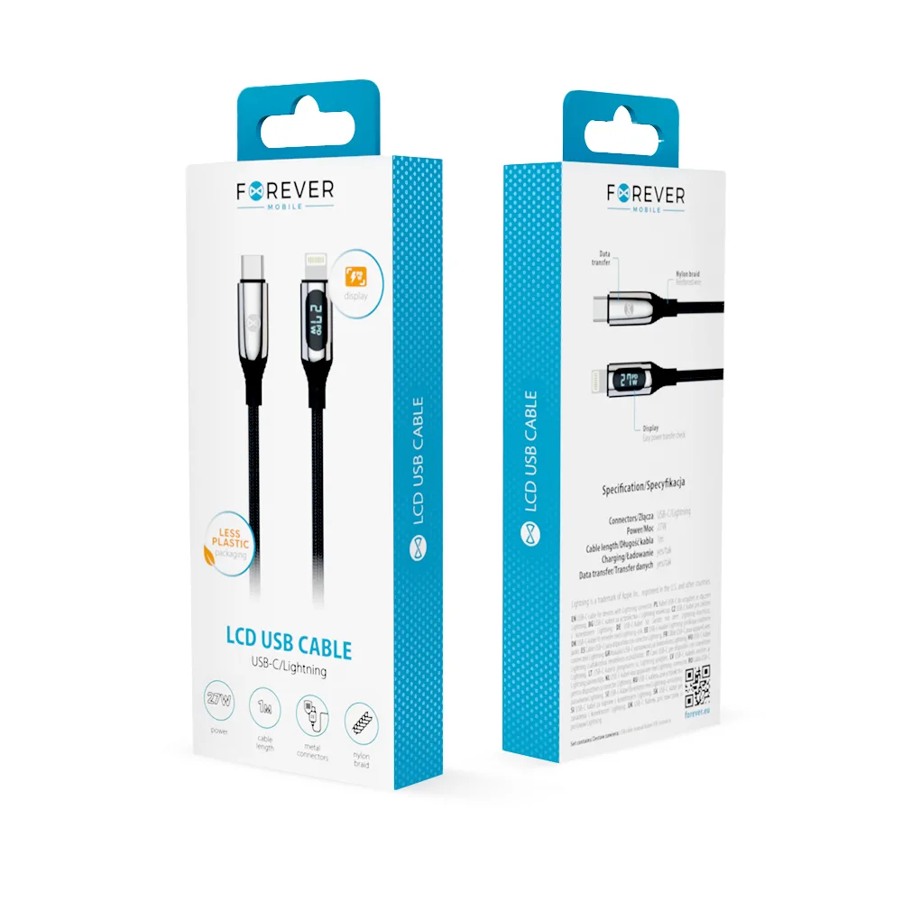 Forever LCD-kabel USB-C – USB-C 1,0 m 100W svart