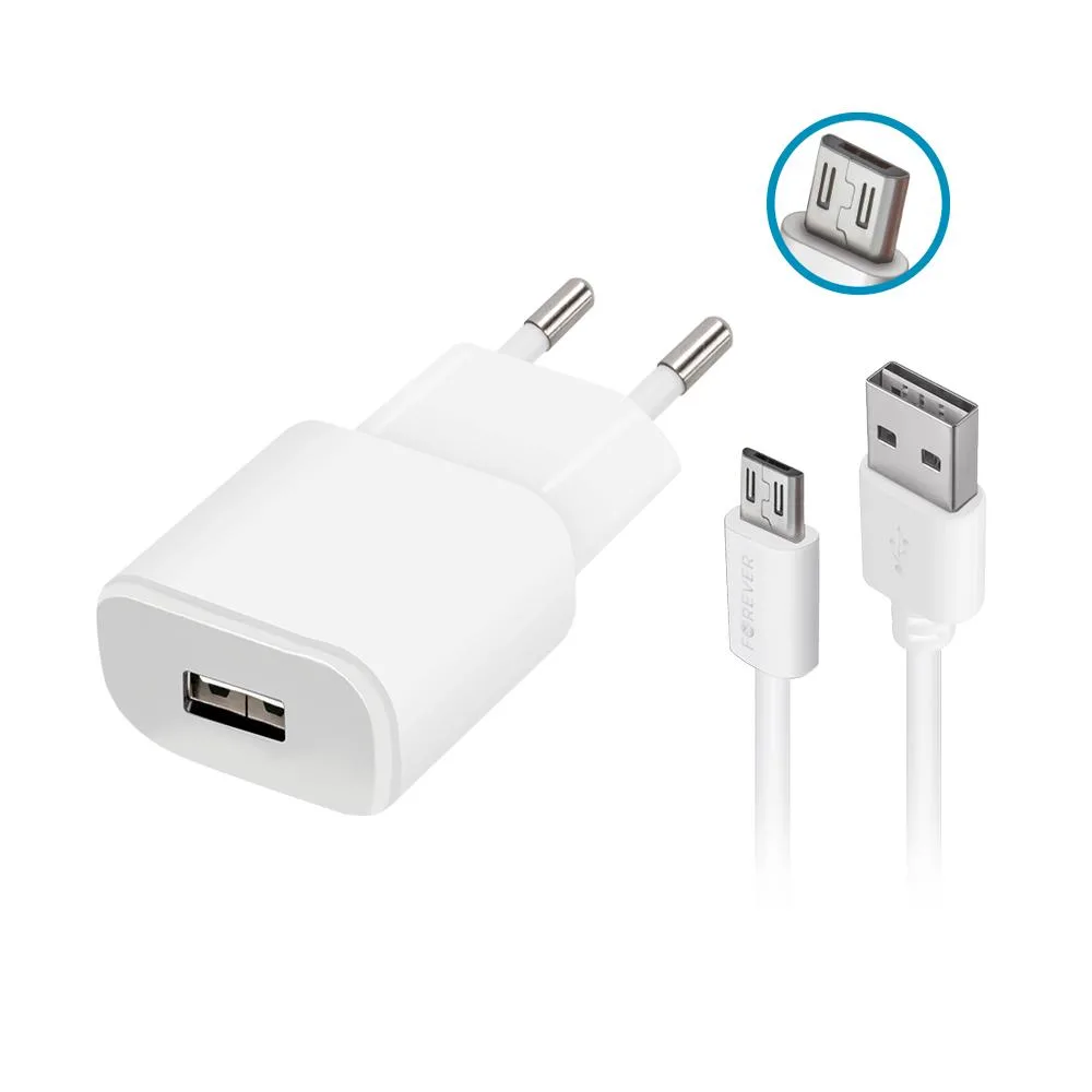 Forever TC-01 laddare 1x USB 2A vit + microUSB-kabel