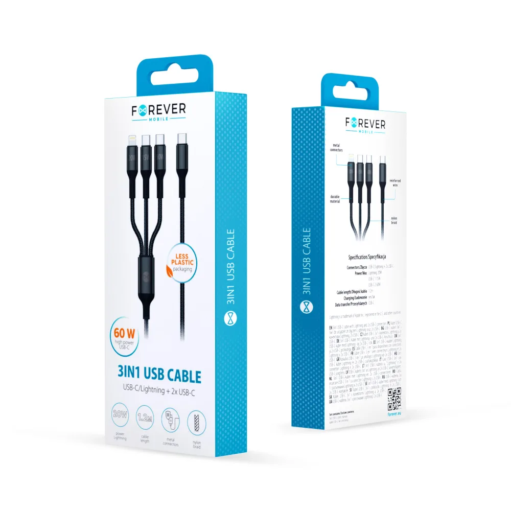 Forever 3in1-kabel USB-C – Lightning + 2x USB-C 1,2 m 60W svart