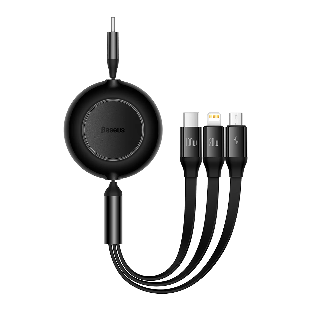 Baseus sladd Bright Mirror 2 3-i-1 USB – micro USB + Lightning + USB-C 1,1 m 100W svart upprullningsbar