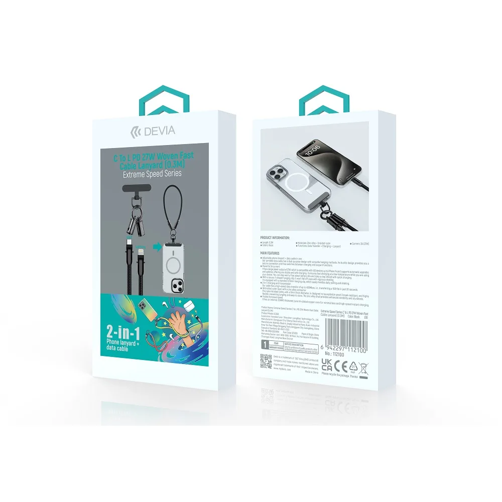 Devia sladdlanyard 2-i-1 PD USB-C – Lightning 0,3 m 27W svart