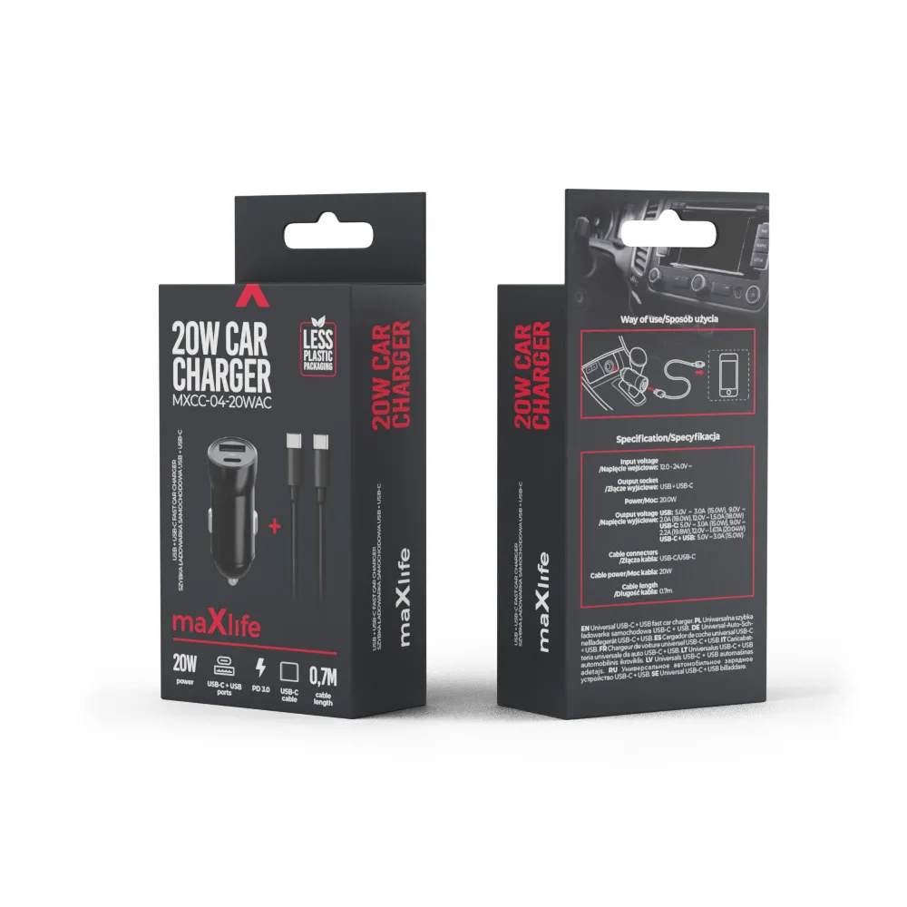 Maxlife MXCC-04 PD QC car charger 1x USB-C 1x USB 20W black + USB-C – USB-C cable 60W