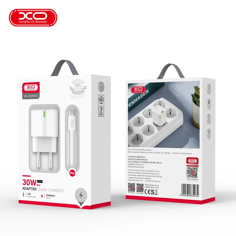 XO väggladdare CE06 PD 30W 1x USB-C vit + USB-C – USB-C-kabel