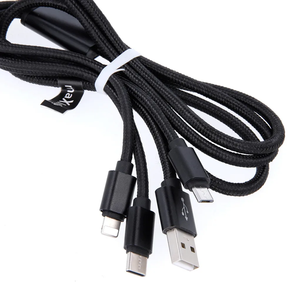 Maxlife 3in1 cable USB – Lightning + USB-C + microUSB 1,0 m 2,1A black nylon